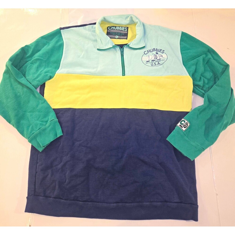 Chubbies Men’s XL Quarter Zip Pullover Colorblock Made USA 100% Cotton Retro